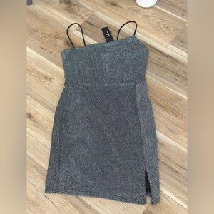 Lulus Take Me Anywhere Silver Sparkly Asymmetrical Bodycon Mini Dress NWT Size M